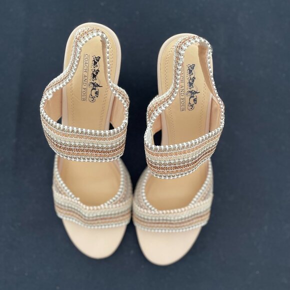 Coach and Four Wedge Heels, Size 8M, Multi-Colored Stretch, 3.5 inch Cork Heel - Picture 2 of 10